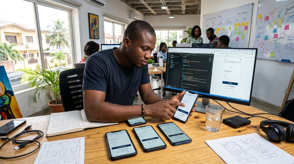 developer tests mobile apps on multiple phones at a shared office, with a code editor visible on a large monitor nearby to the left.