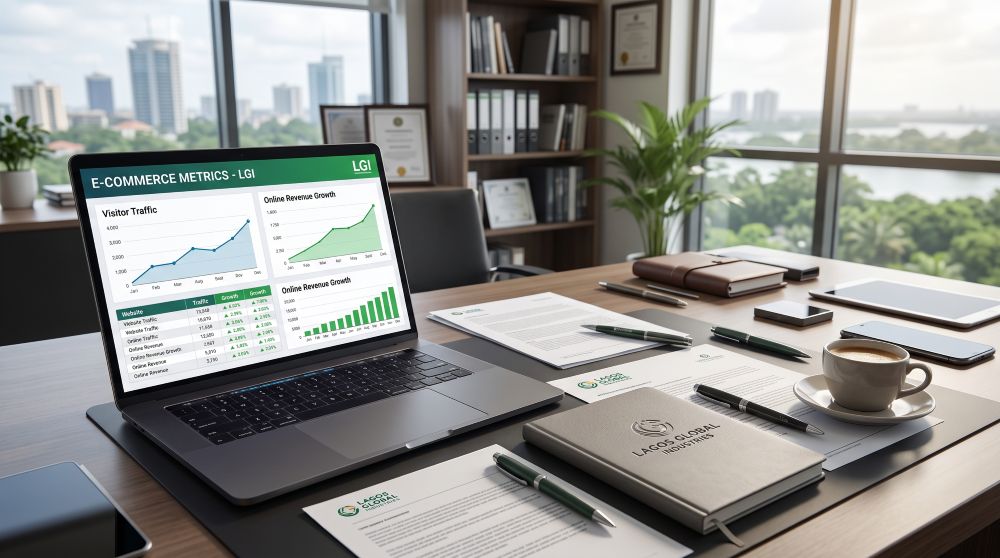 laptop displaying e-commerce analytics dashboard with graphs on a tidy office desk, surrounded by documents, notebook, pen, and coffee cup.