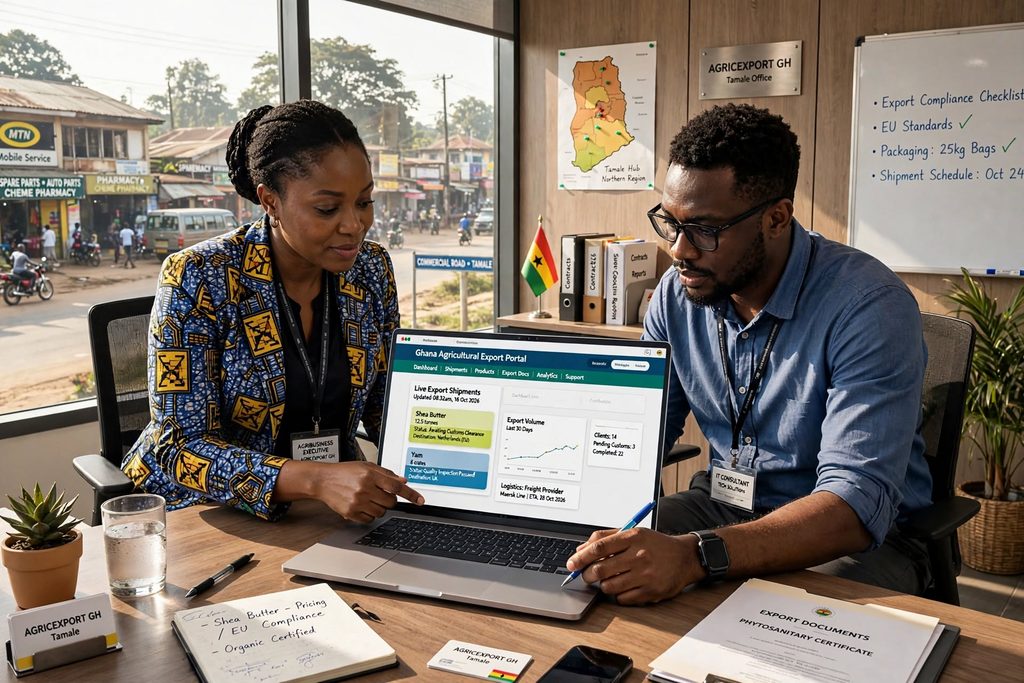 two colleagues review a laptop screen showing a ghana agricultural export portal in a bright office setting.
